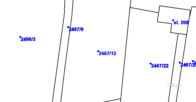 Parcela st. 2467/12 v KÚ Hosty, Katastrální mapa