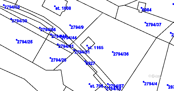 Parcela st. 1165 v KÚ Hošťálková, Katastrální mapa