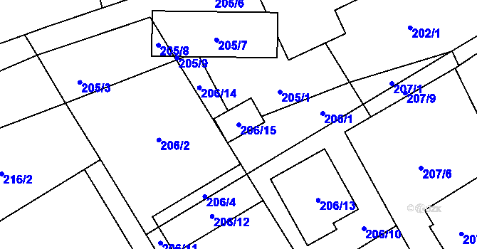 Parcela st. 206/15 v KÚ Hošťálkovice, Katastrální mapa