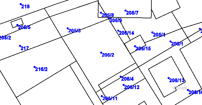 Parcela st. 206/2 v KÚ Hošťálkovice, Katastrální mapa