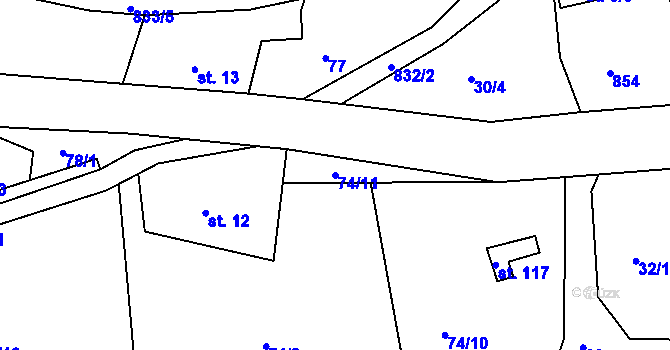 Parcela st. 74/11 v KÚ Staré Purkartice, Katastrální mapa