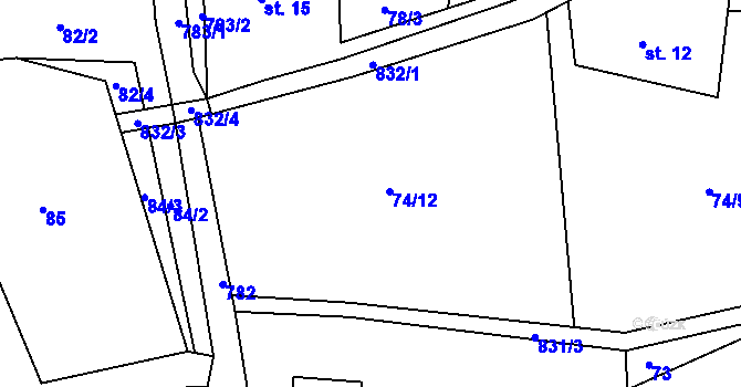 Parcela st. 74/12 v KÚ Staré Purkartice, Katastrální mapa