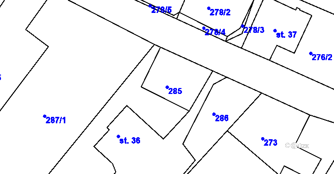 Parcela st. 285 v KÚ Staré Purkartice, Katastrální mapa
