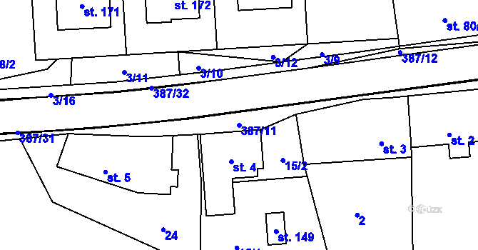 Parcela st. 387/11 v KÚ Hoštejn, Katastrální mapa