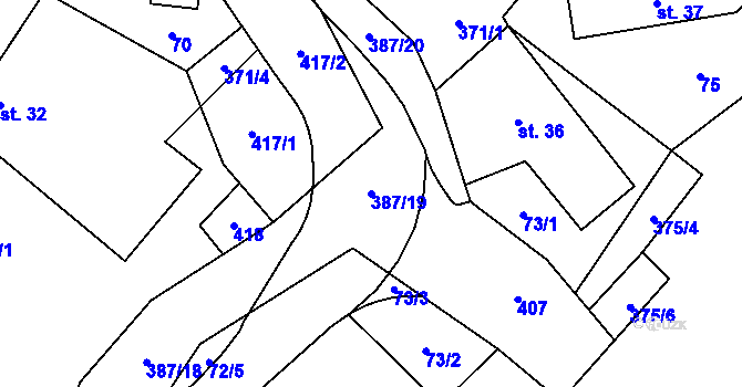 Parcela st. 387/19 v KÚ Hoštejn, Katastrální mapa
