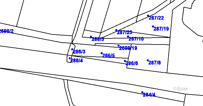 Parcela st. 286/5 v KÚ Hoštka, Katastrální mapa