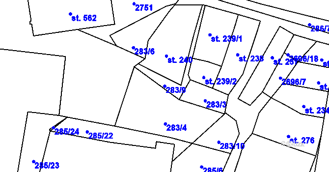 Parcela st. 283/9 v KÚ Hoštka, Katastrální mapa