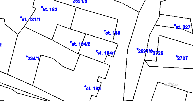Parcela st. 184/1 v KÚ Hoštka, Katastrální mapa