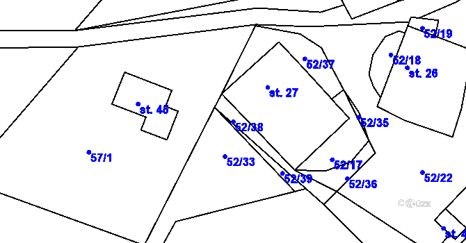 Parcela st. 52/38 v KÚ Benátky u Houserovky, Katastrální mapa