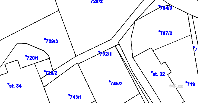 Parcela st. 792/1 v KÚ Ostrovec u Houserovky, Katastrální mapa