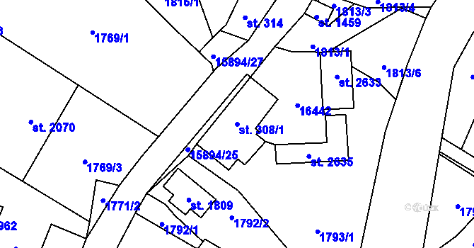 Parcela st. 308/1 v KÚ Hovězí, Katastrální mapa