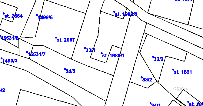 Parcela st. 1989/1 v KÚ Hovězí, Katastrální mapa