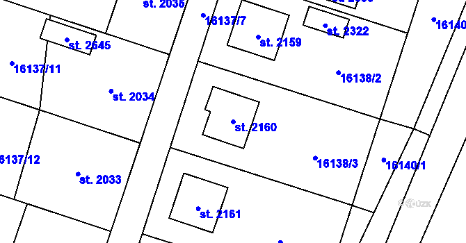 Parcela st. 2160 v KÚ Hovězí, Katastrální mapa