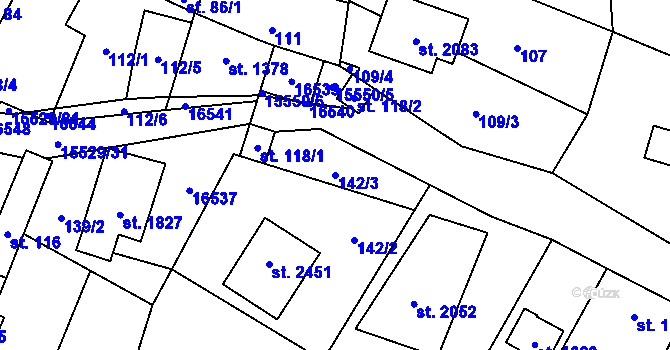 Parcela st. 142/3 v KÚ Hovězí, Katastrální mapa