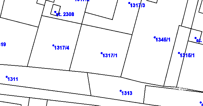 Parcela st. 1317/1 v KÚ Hovězí, Katastrální mapa