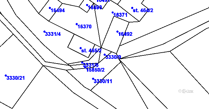 Parcela st. 3330/9 v KÚ Hovězí, Katastrální mapa