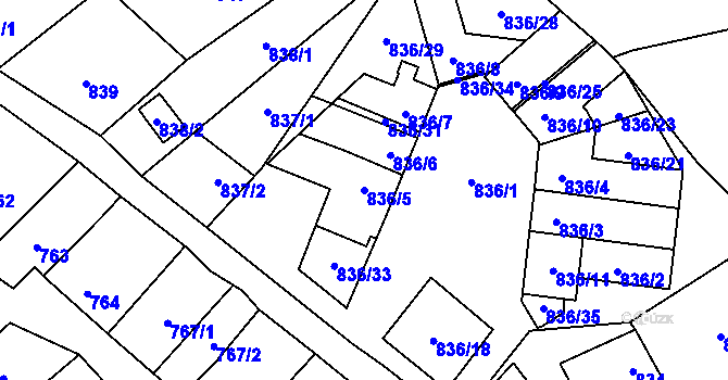Parcela st. 836/5 v KÚ Hovorany, Katastrální mapa