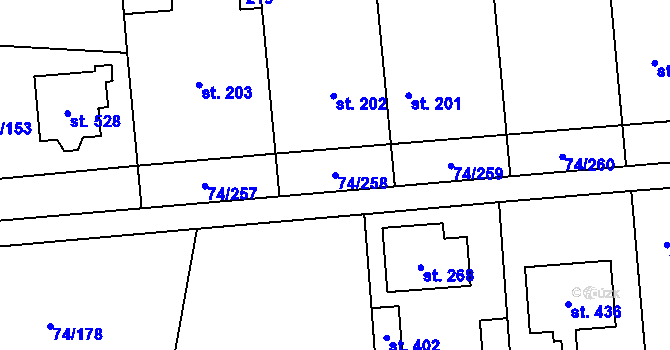 Parcela st. 74/258 v KÚ Hovorčovice, Katastrální mapa
