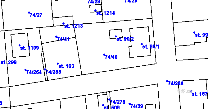 Parcela st. 74/40 v KÚ Hovorčovice, Katastrální mapa