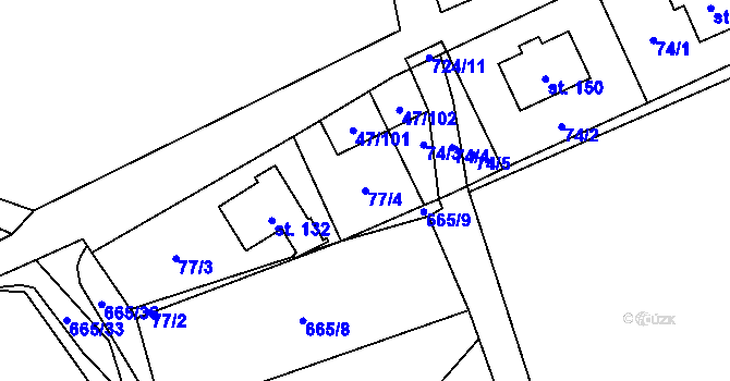 Parcela st. 77/4 v KÚ Hraběšice, Katastrální mapa