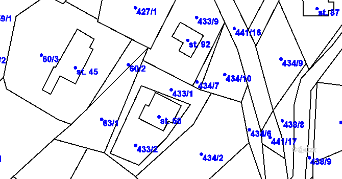 Parcela st. 433/1 v KÚ Krásné u Šumperka, Katastrální mapa