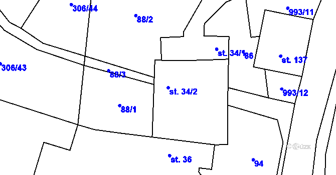 Parcela st. 34/2 v KÚ Hraběšín, Katastrální mapa