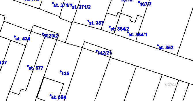 Parcela st. 142/21 v KÚ Hrabětice, Katastrální mapa
