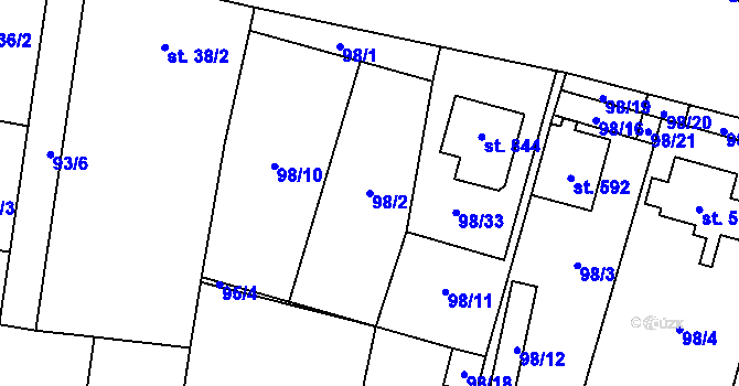 Parcela st. 98/2 v KÚ Hrabětice, Katastrální mapa