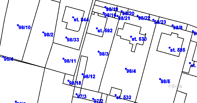 Parcela st. 98/3 v KÚ Hrabětice, Katastrální mapa