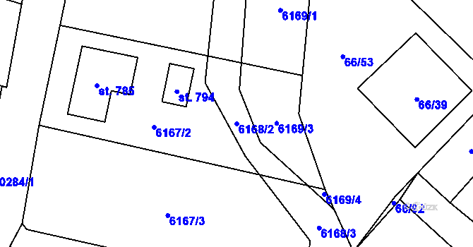 Parcela st. 6168/2 v KÚ Hrabětice, Katastrální mapa