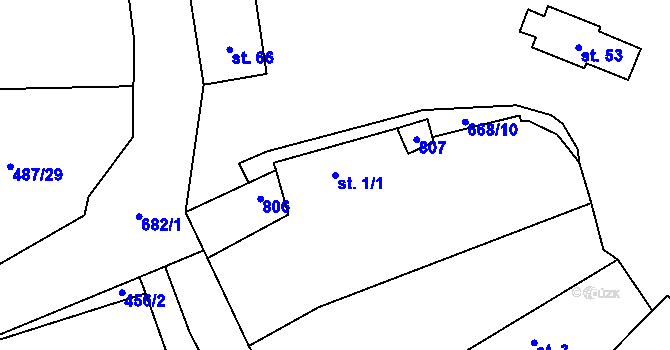 Parcela st. 1/1 v KÚ Hrabice, Katastrální mapa