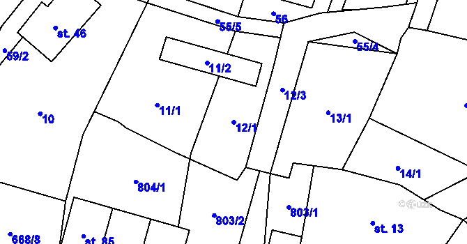 Parcela st. 12/1 v KÚ Hrabice, Katastrální mapa