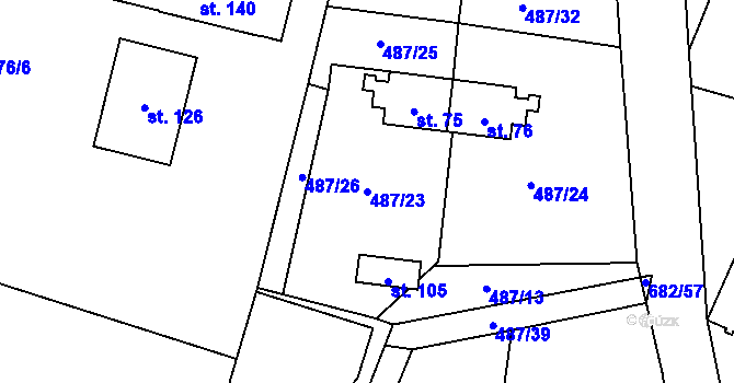 Parcela st. 487/23 v KÚ Hrabice, Katastrální mapa