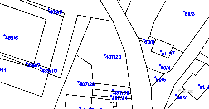 Parcela st. 487/28 v KÚ Hrabice, Katastrální mapa