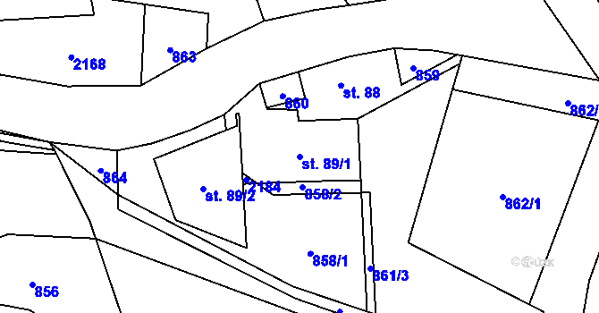 Parcela st. 89/1 v KÚ Hrabišín, Katastrální mapa