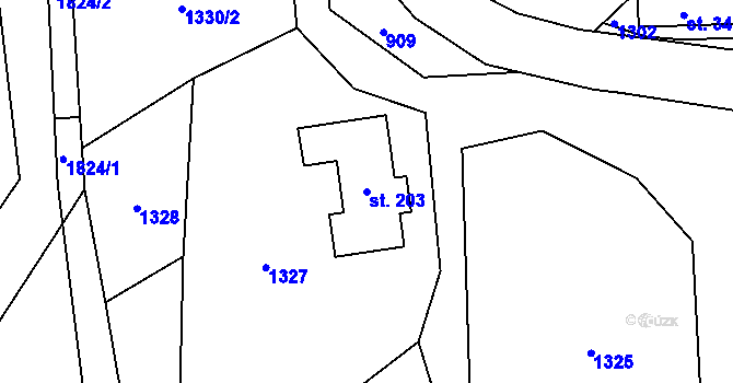 Parcela st. 203 v KÚ Hrabišín, Katastrální mapa