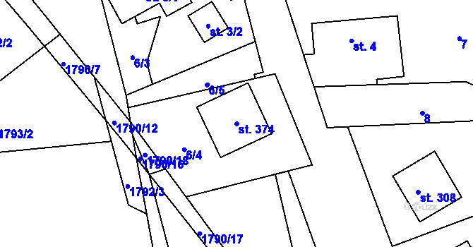 Parcela st. 374 v KÚ Hrabišín, Katastrální mapa