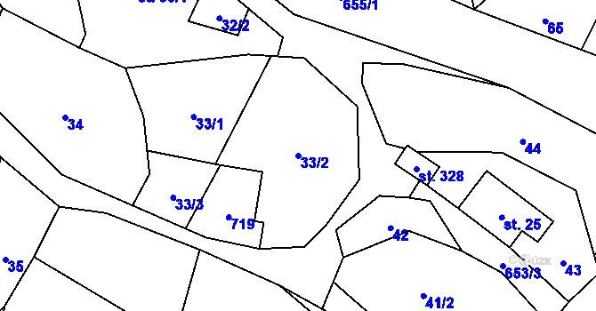 Parcela st. 33/2 v KÚ Hrabišín, Katastrální mapa