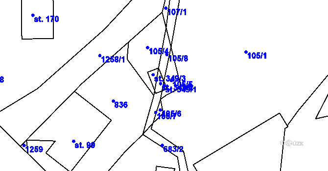 Parcela st. 349/1 v KÚ Hrabišín, Katastrální mapa