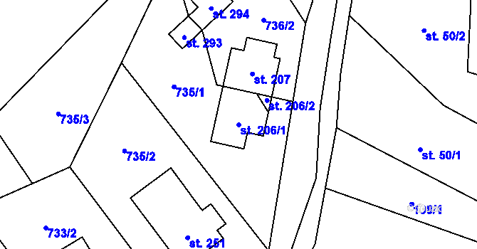 Parcela st. 206/1 v KÚ Hrabová u Dubicka, Katastrální mapa