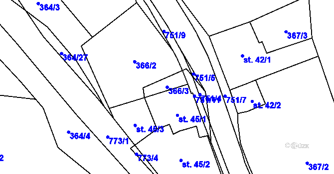 Parcela st. 366/3 v KÚ Hrabůvka u Hranic, Katastrální mapa