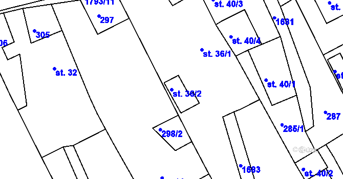 Parcela st. 36/2 v KÚ Hrabyně, Katastrální mapa