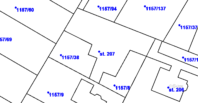 Parcela st. 207 v KÚ Hrabyně, Katastrální mapa