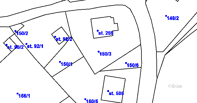 Parcela st. 150/3 v KÚ Hrabyně, Katastrální mapa
