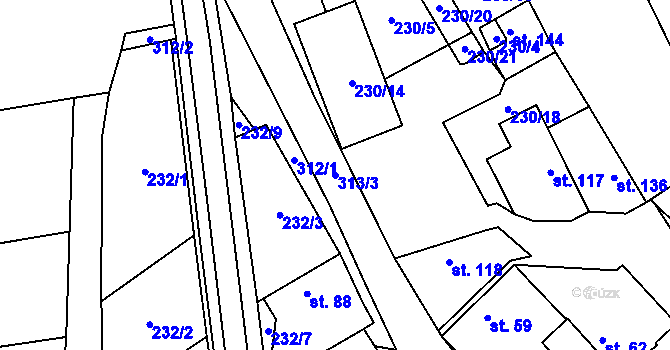 Parcela st. 313/3 v KÚ Hradčany u Žehuně, Katastrální mapa