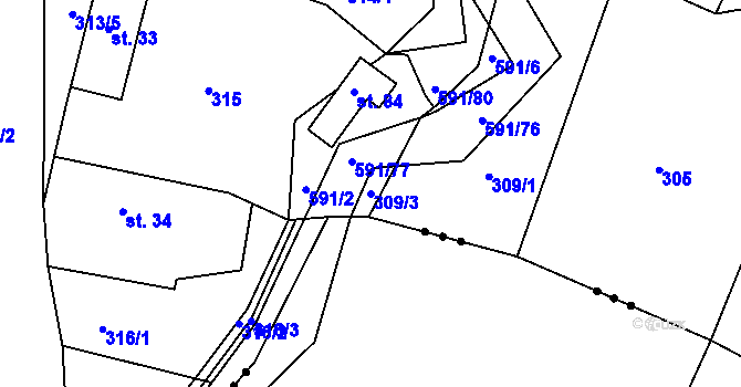 Parcela st. 309/3 v KÚ Chvalčovice, Katastrální mapa