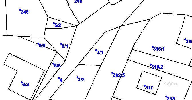 Parcela st. 3/1 v KÚ Hradčany u Tišnova, Katastrální mapa