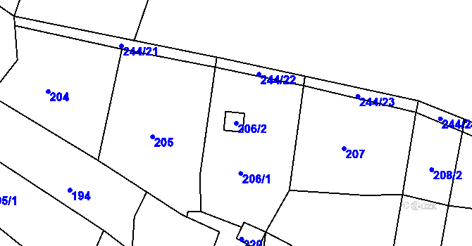 Parcela st. 206/2 v KÚ Hradčany u Prostějova, Katastrální mapa