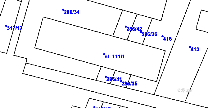 Parcela st. 111/1 v KÚ Kobeřice, Katastrální mapa
