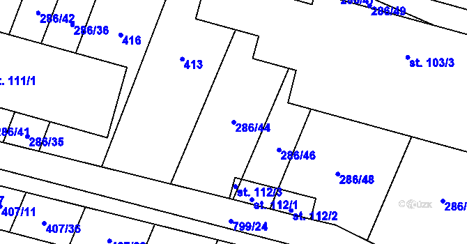 Parcela st. 286/44 v KÚ Kobeřice, Katastrální mapa